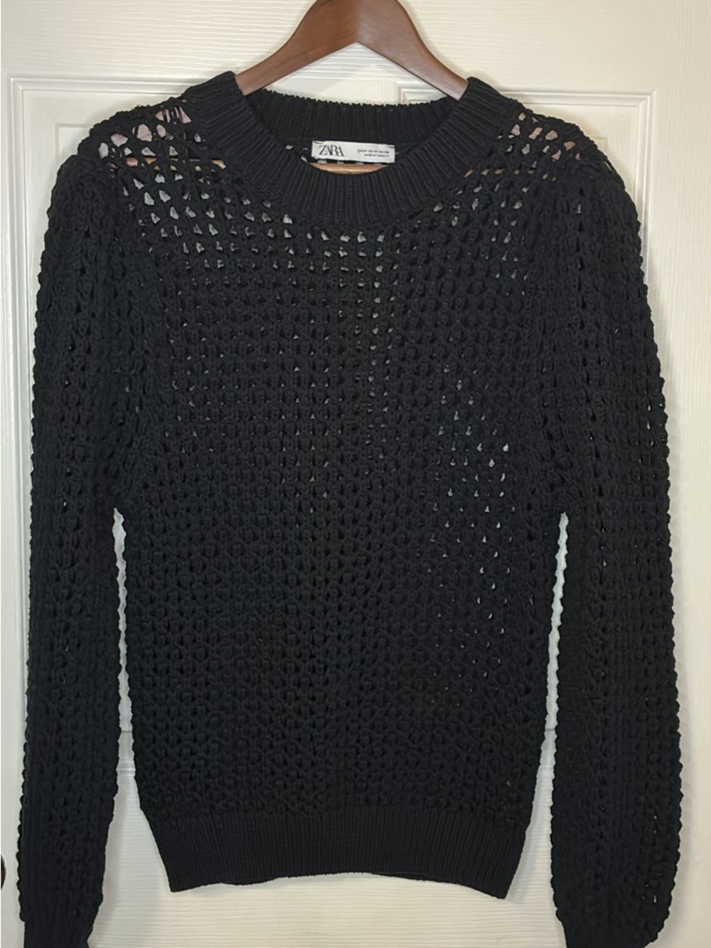 Zara Black Open-Knit Crewneck Sweater